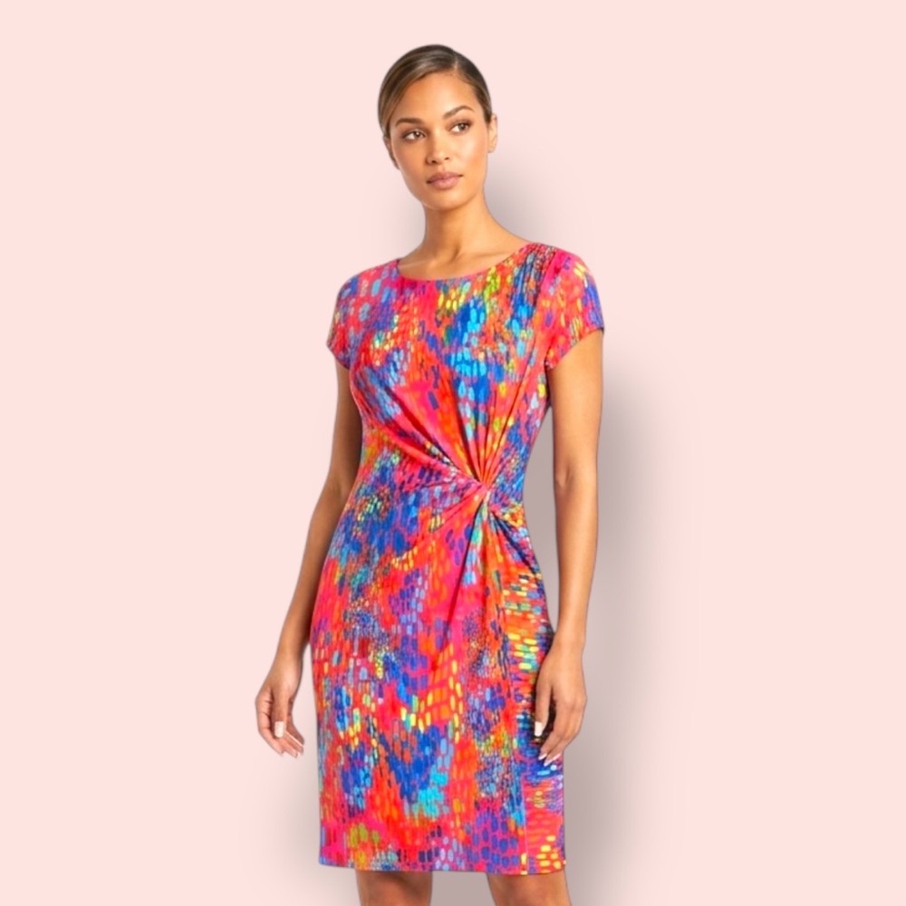Ellen Tracy Multicolor Knot-Detail Sheath Dress in Pink, Blue & Orange